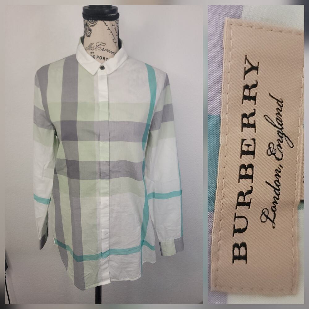 Burberry Check Print Cotton Shirt Womens Sz S Button Down Pale Opal Green Gray